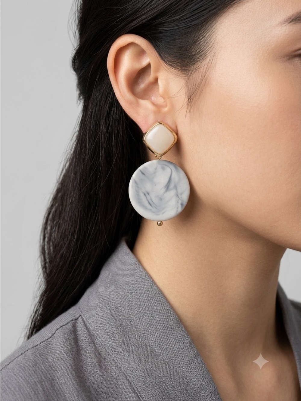 Marbled Resin Drop Earrings | Grey Disc Cream Stud Gold Accent